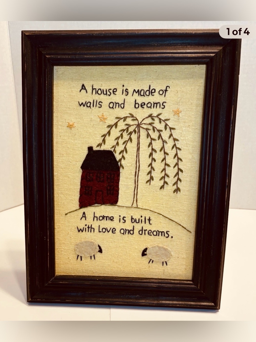Primitive Folk Art Framed Art Hand Stitched House, Tree & Sheep